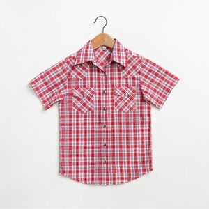 Youth Plaid Pattern Metal Snap Shirt- Red